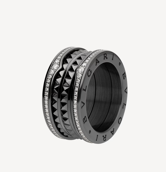 [Charm Aries]ZERO 1 ROCK FOUR-BAND BLACK CERAMIC WITH STUDDED SPIRAL AND PAVED DIAMONDS RING