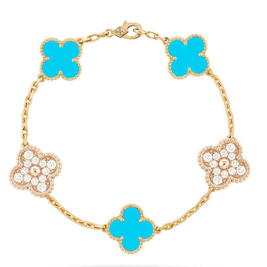 [Charm Aries]CLOVER 5 MOTIF TURQUOISE DIAMOND GOLD BRACELET