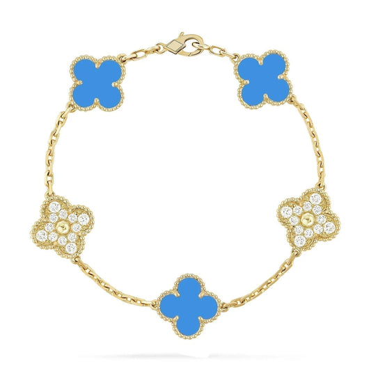 [Charm Aries]CLOVER 5 MOTIF BLUE CHALCEDONY DIAMOND GOLD BRACELET