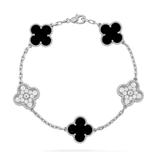 [Charm Aries]CLOVER 5 MOTIF ONYXS DIAMOND BRACELET SILVER