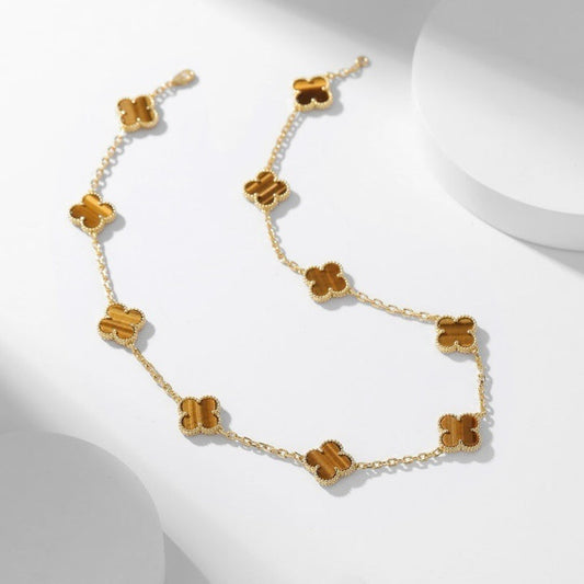 [Charm Aries]CLOVER 10 MOTIFS TIGER EYE NECKLACE